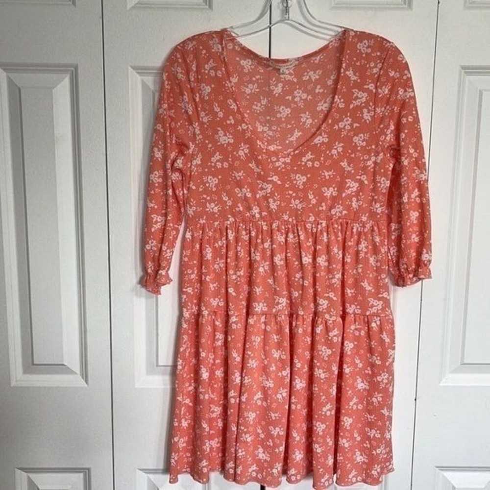 Ultra Flirt Coral Orange Floral Waffle Knit Tiered‎ Babydoll Dress  Womens M